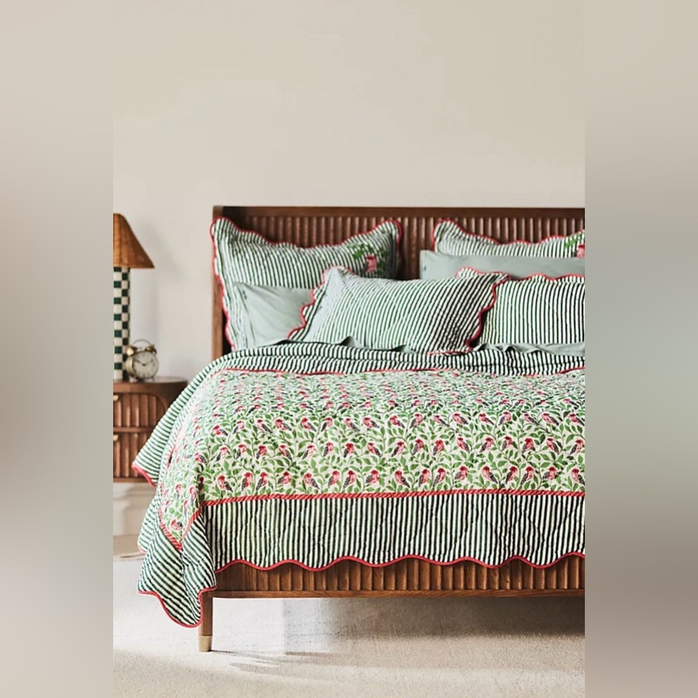 Anthropologie Green, Pink and Black Striped Floral Quilt Set